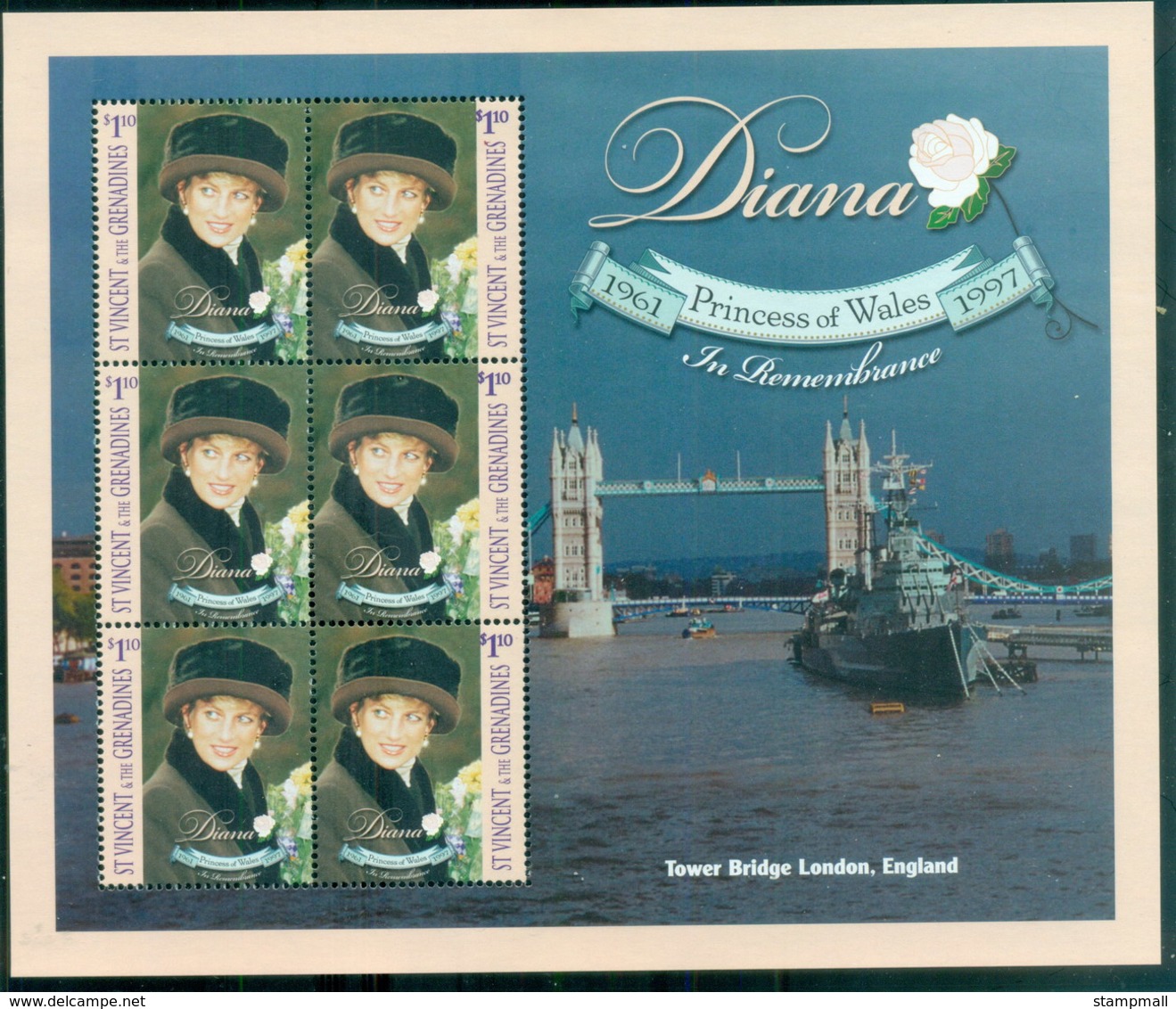 St Vincent Grenadines 1998 Princess Diana In Memoriam, Tower Bridge MS MUH - St.Vincent & Grenadines