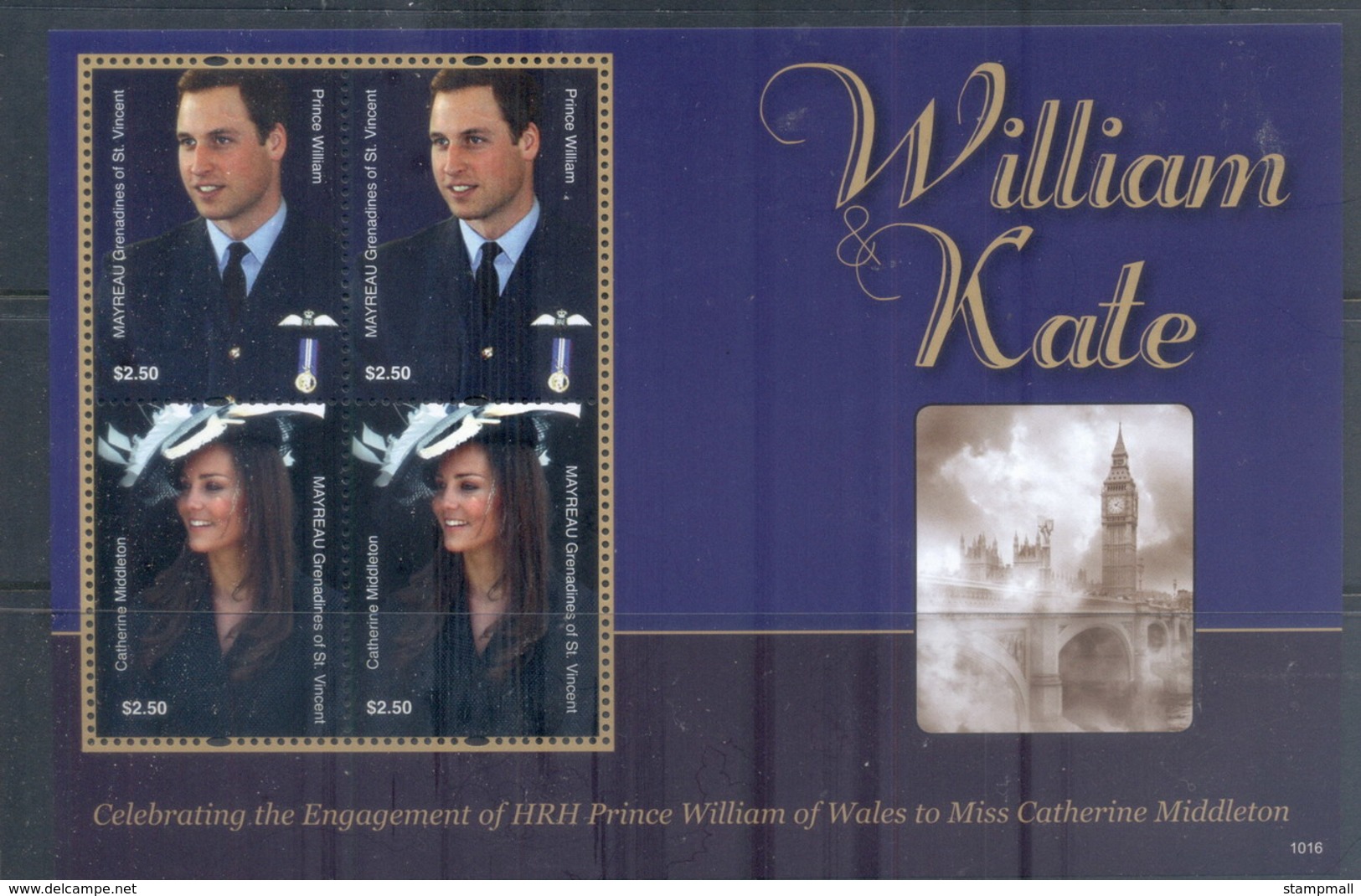 St Vincent Mayreau 2011 Royal Engagement William & Kate #1016 $2.50 MS MUH - St.Vincent & Grenadines