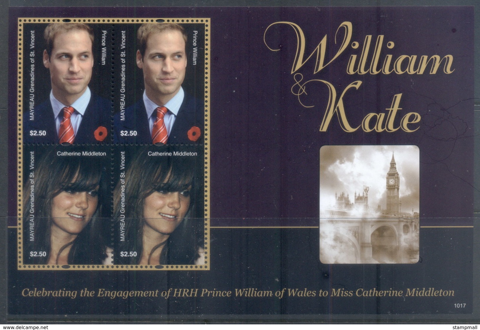 St Vincent Mayreau 2011 Royal Engagement William & Kate #1017 $2.50 MS MUH - St.Vincent Und Die Grenadinen