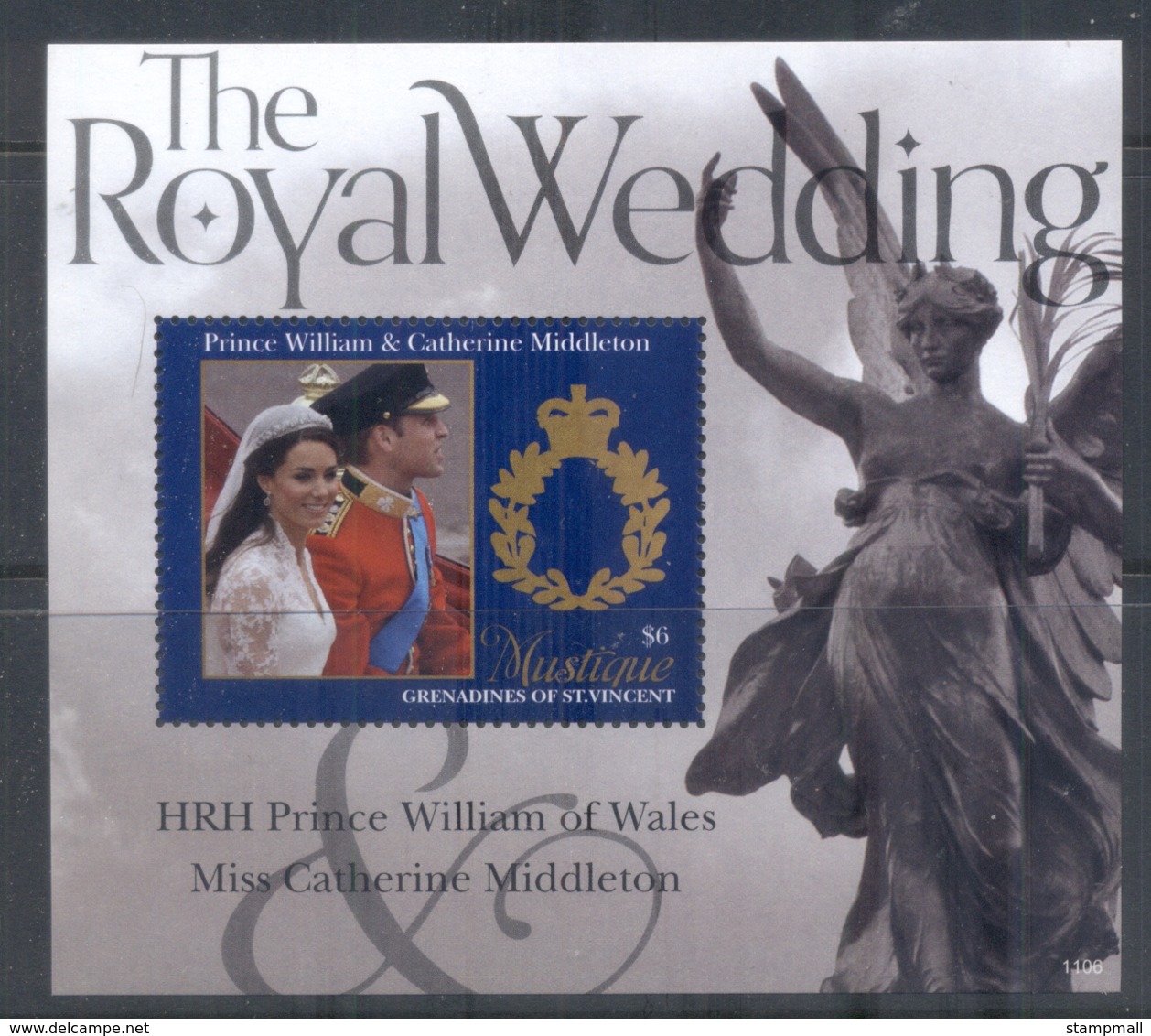 St Vincent Mustique 2011 Royal Wedding William & Kate #1106 $6 MS MUH - St.Vincent & Grenadines