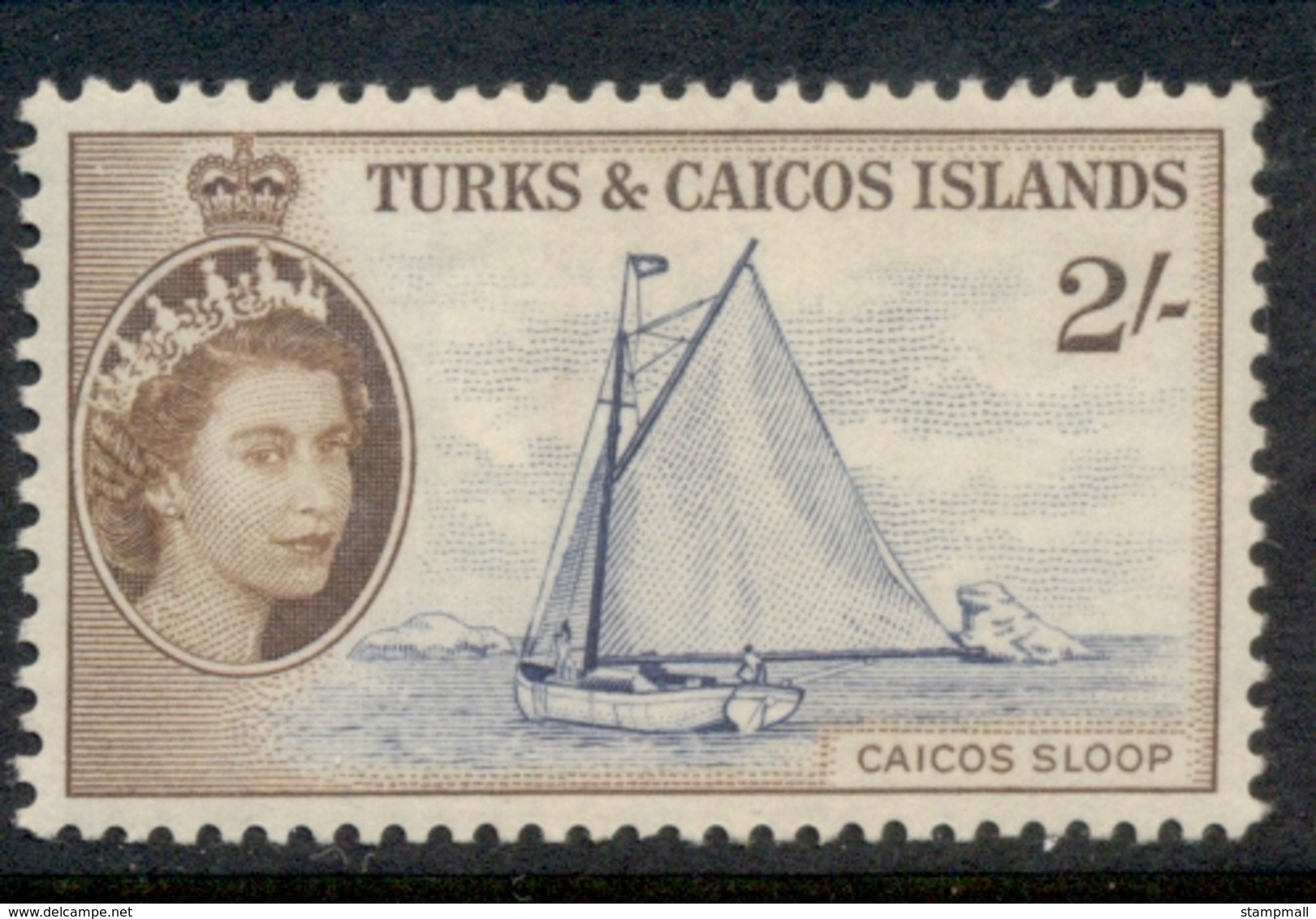Turks & Caicos Is 1957-60 QEII Pictorial, 2/- Caicos Sloop MLH - Turks E Caicos