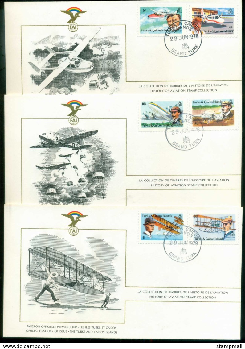 Turks & Caicos Is 1978 History Of Aviation, FAI 3xFDC Lot79578 - Turks- En Caicoseilanden