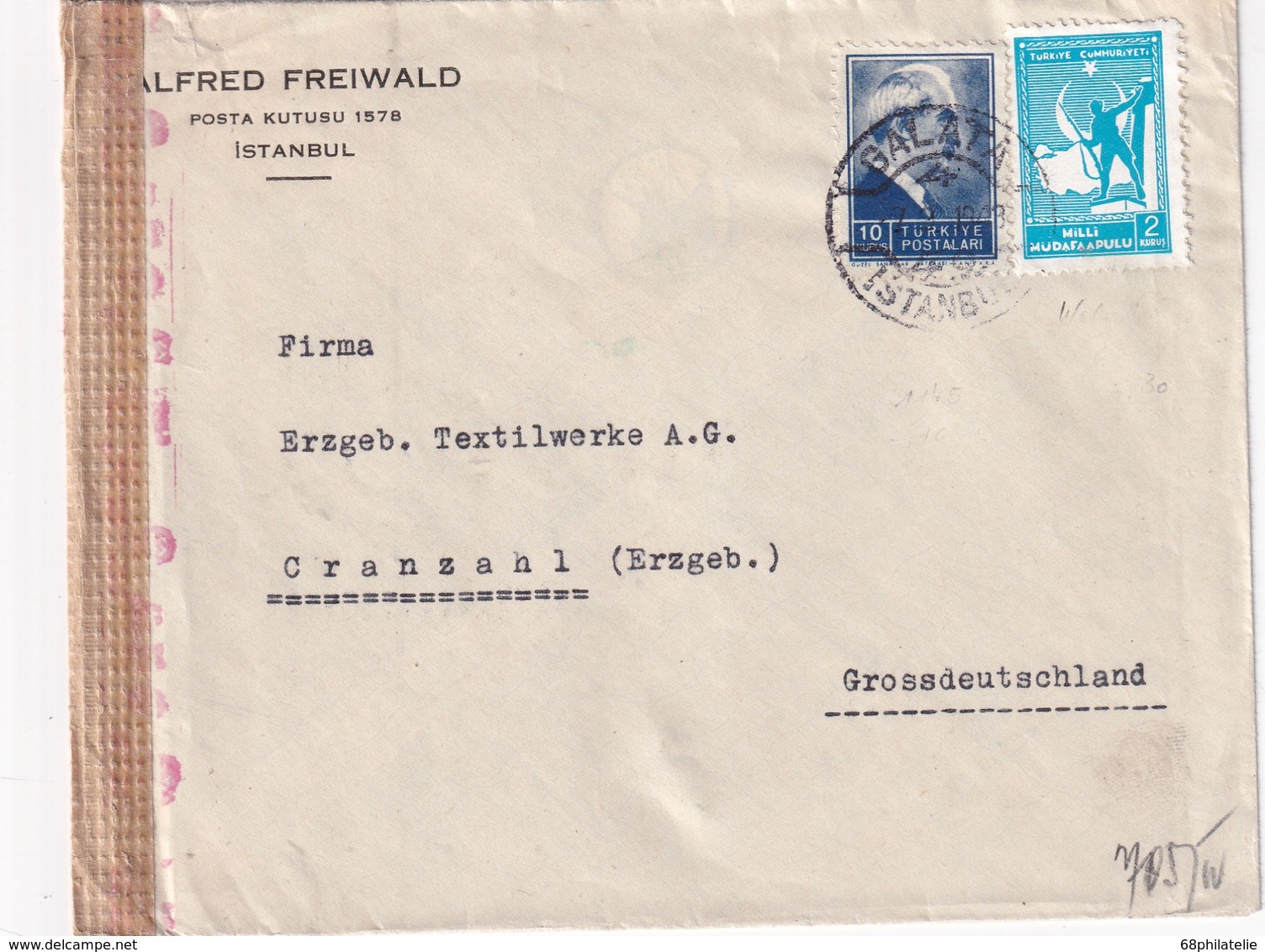 TURQUIE 1943  LETTRE   CENSUREE/ZENSIERT/CENSORED DE INSTANBUL POUR CRANZAHL - Lettres & Documents