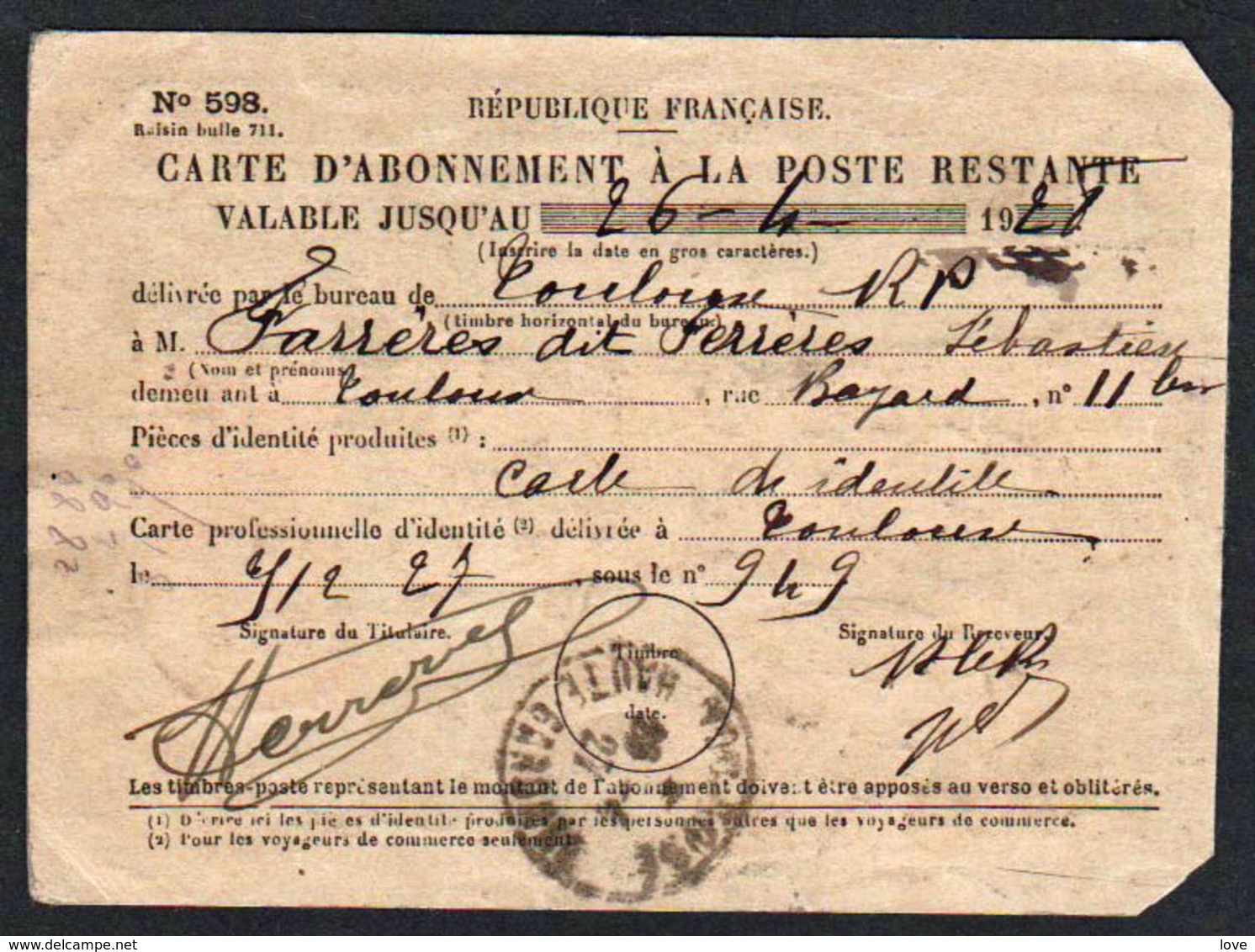 FRANCE: RARE Carte D'abonnement à La Poste Restante. Timbre N° 13 X 3........... - Lettres & Documents