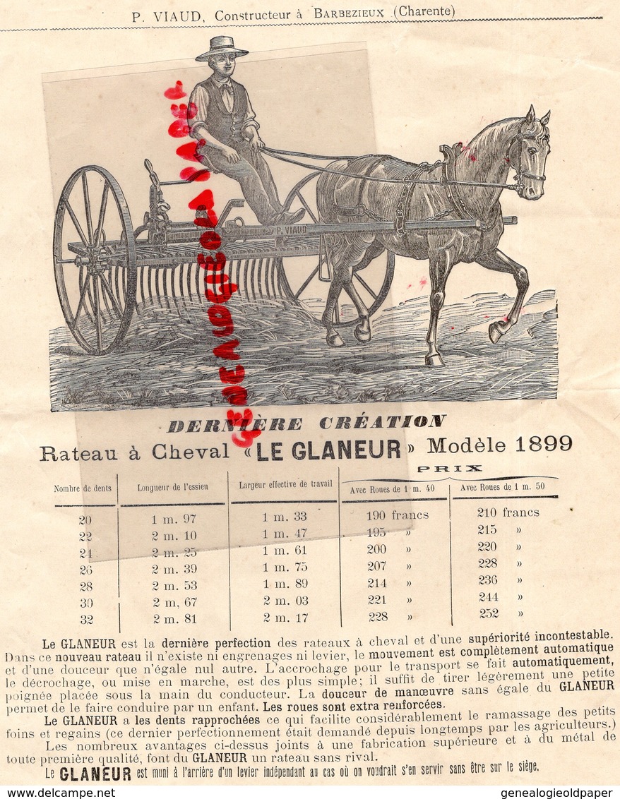 16- BARBEZIEUX- RARE PUBLICITE P. VIAUD CONSTRUCTEUR RATEAU A CHEVAL " LE GLANEUR " MODELE 1899 - 1800 – 1899