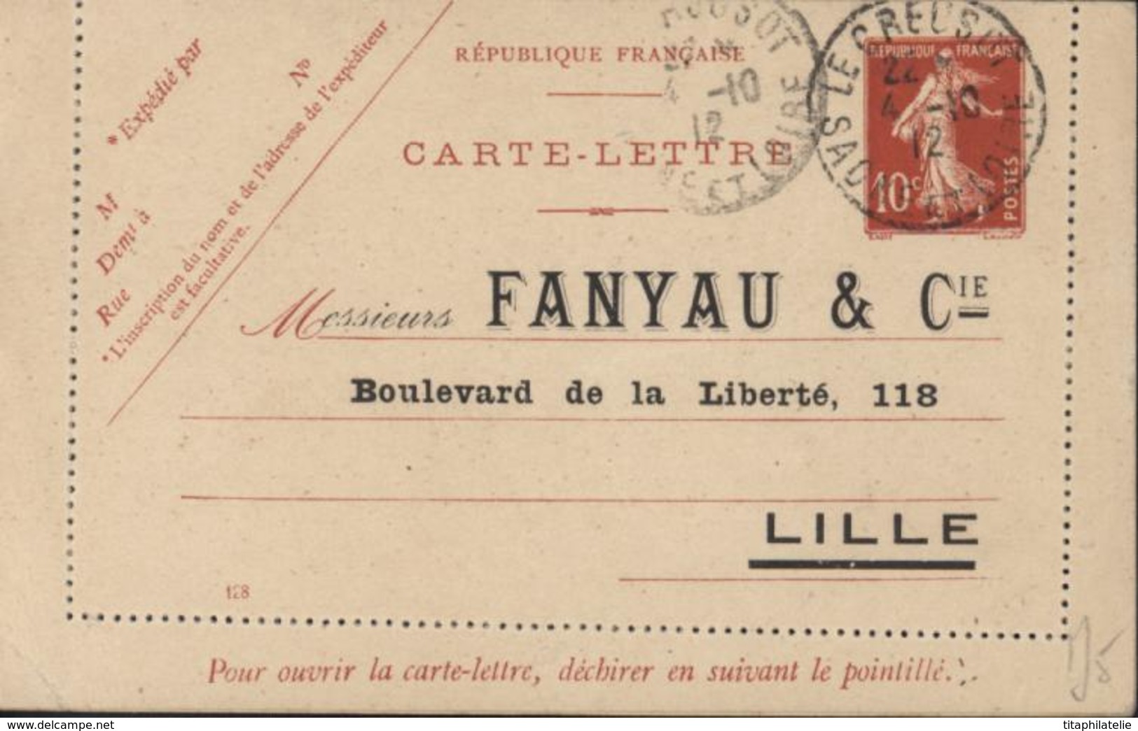 Entier Carte Lettre 10c Semeuse Camée Rouge Repiquage Fanyau Et Cie Lille CAD Le Creuzot Saone Loire 4 10 12 Date 128 - Cartes-lettres