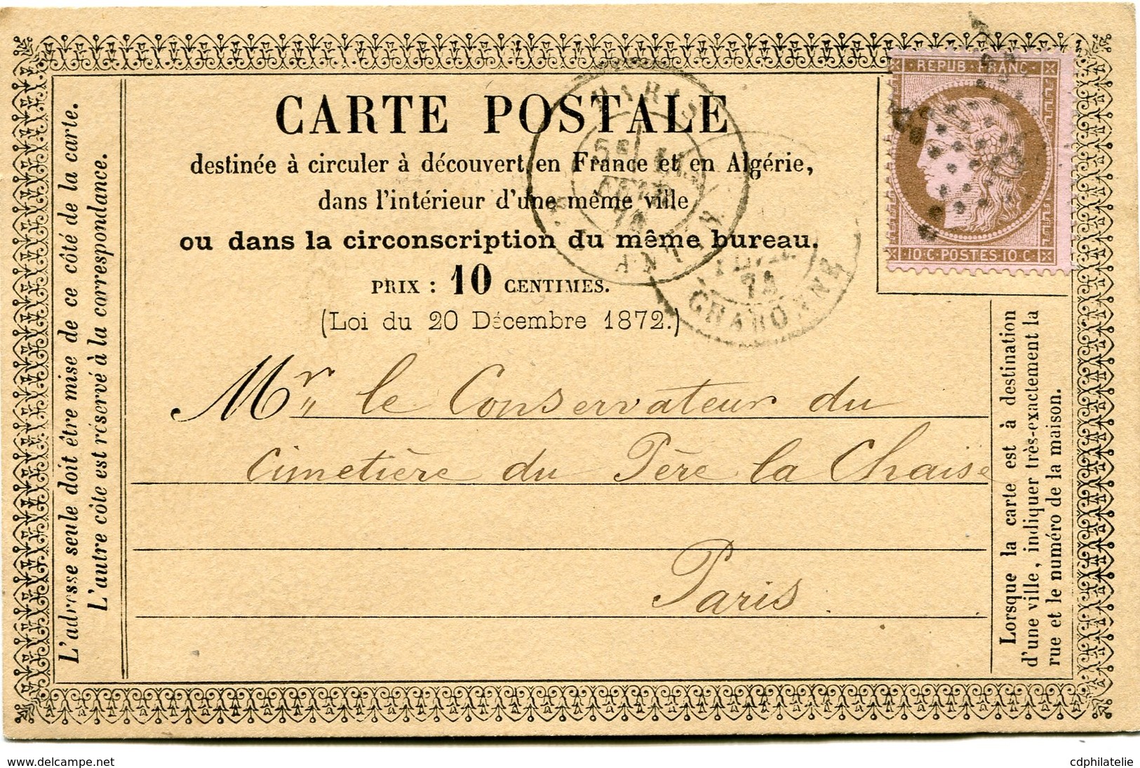 FRANCE CARTE POSTALE PRECURSEUR AFFRANCHIE AVEC UN N°58 OBL. ETOILE (8) DEPART PARIS ? FEVR 7? R. D'ANTIN POUR LA FRANCE - Cartes Précurseurs