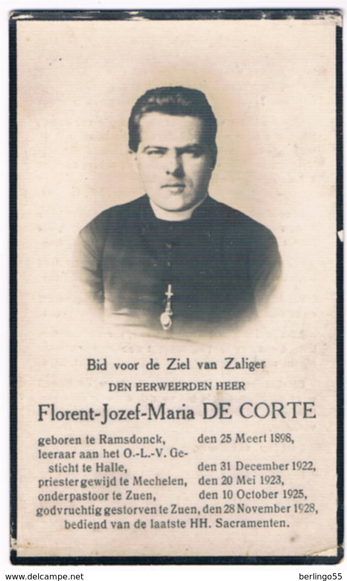 Dp. Onder-Pastoor Te Zuen. De Corte Florent. ° Ramsdonck 1898 † Zuen 1928   (2 Scan's) - Godsdienst & Esoterisme