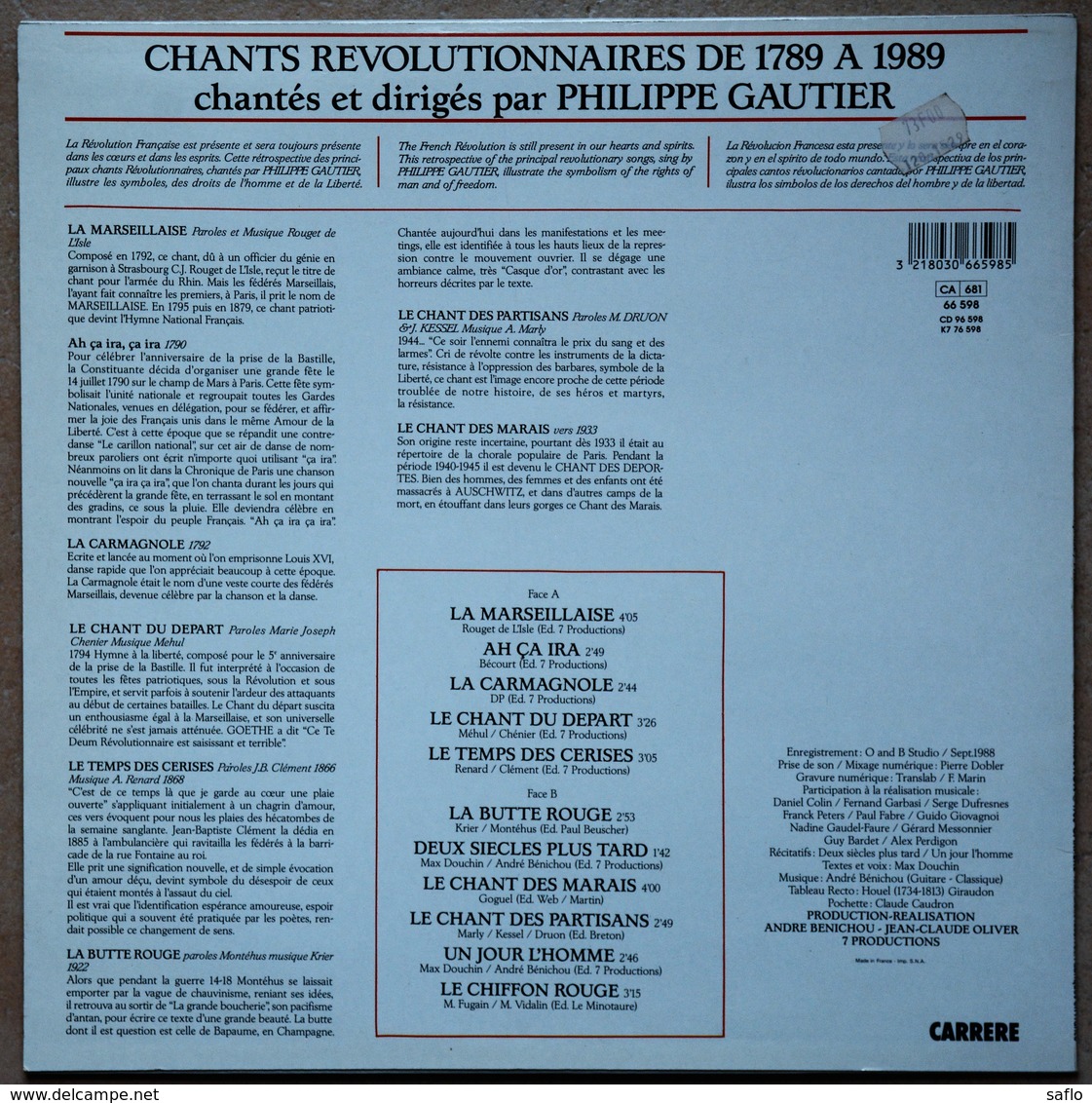 Vinyle 33 T Chants Patriotiques Révolution Française De 1789 à 1989 Philippe Gautier Marseillaise Carmagnole Ah ça Ira - Autres & Non Classés