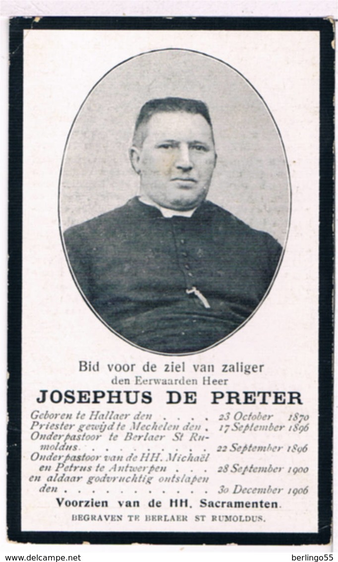 Dp. Onder-Pastoor Te Berlaer En Antwerpen. De Preter Josephus. ° Hallaer 1870 † Antwerpen 1906 - Religione & Esoterismo