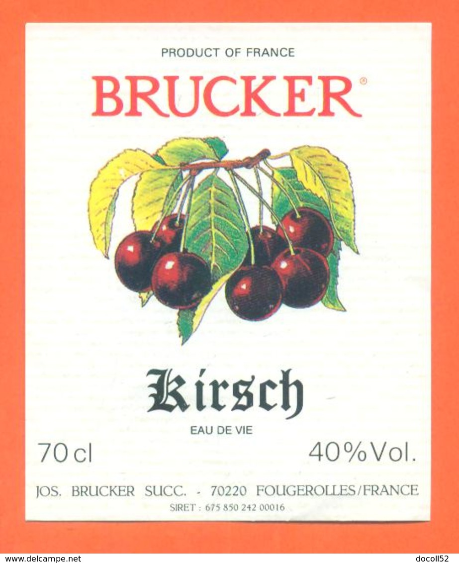 étiquette D'eau De Vie De Kirsch Brucker à Fougerolles - 70 Cl - Autres & Non Classés