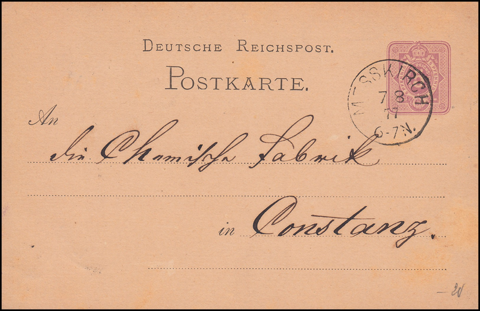 Postkarte P 5II Ziffer 5 Pfennige Ohne Punktlücke MESSKIRCH 7.8.1877 N. Konstanz - Altri & Non Classificati