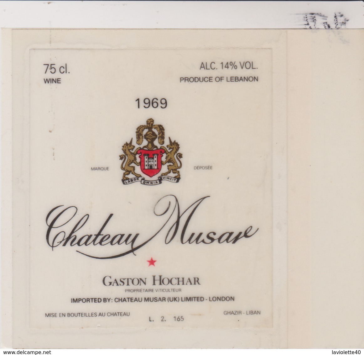 Etiquette De Vin - Plastifiée - VIN DU LIBAN - CHATEAU MUSAR - GASTON HOCHAR - 1969 - Vino Rosso