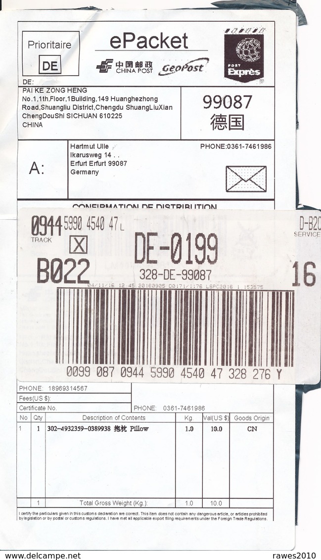 VR China Huanghezhong EPacket Expres - Label + Deutsches Label - Spoorwegzegels
