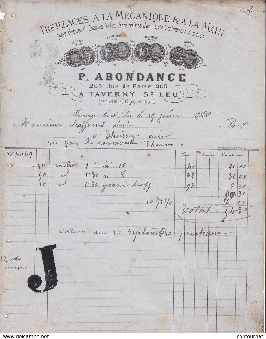 95 TAVERNY SAINT LEU FACTURE 1880 Treillages à La Mécanique  Pour Clotures Chemins De Fer ABONDANCE A87  St Leu La Forêt - 1800 – 1899