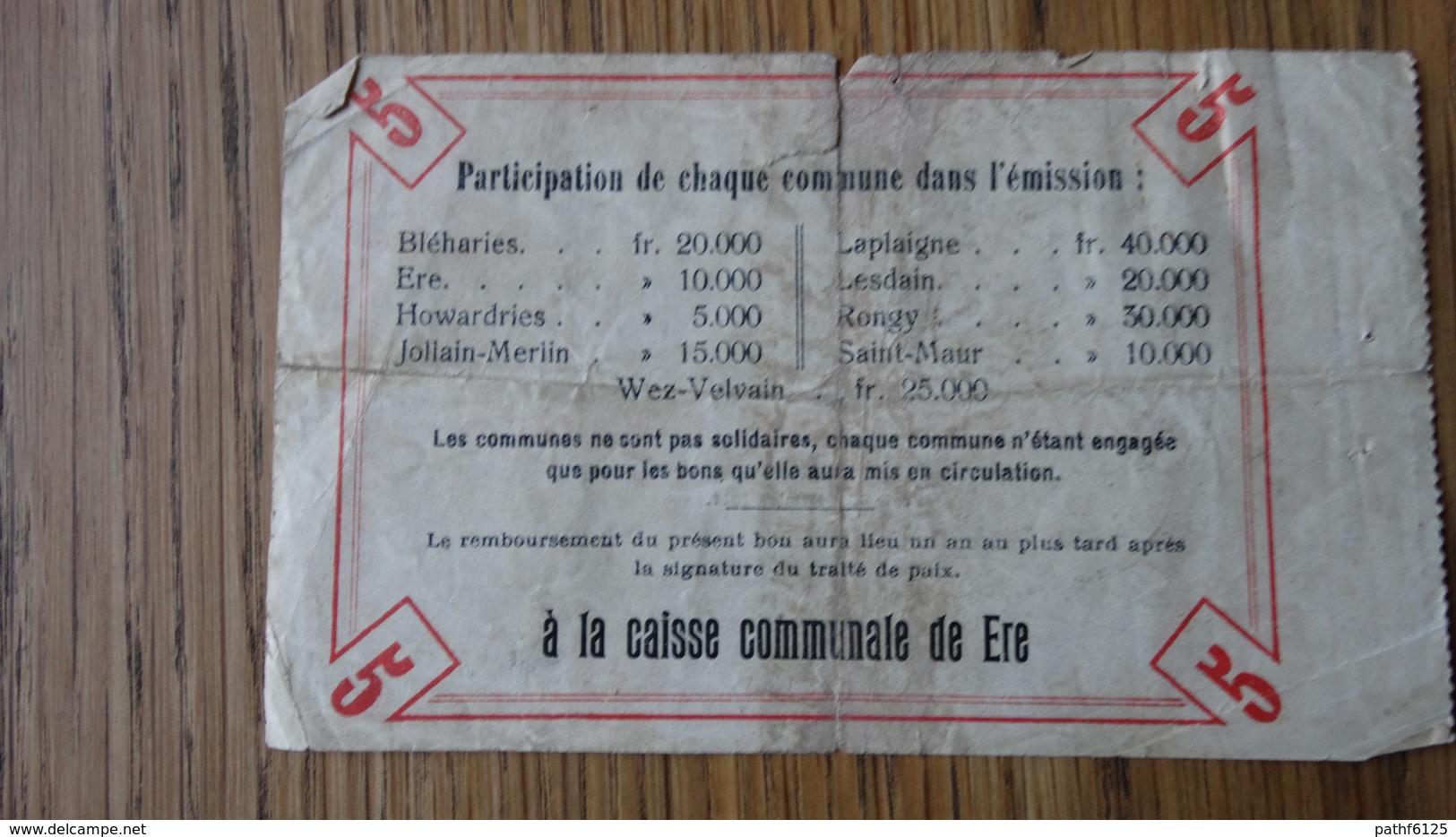 Bon De Nécessité 1914.Communes Bléharies,Rongy,Guignies,Howardries,Jollain-merlin,hollain,Laplaigne,Lesdain,Wez-Velvain - 1-2 Francs