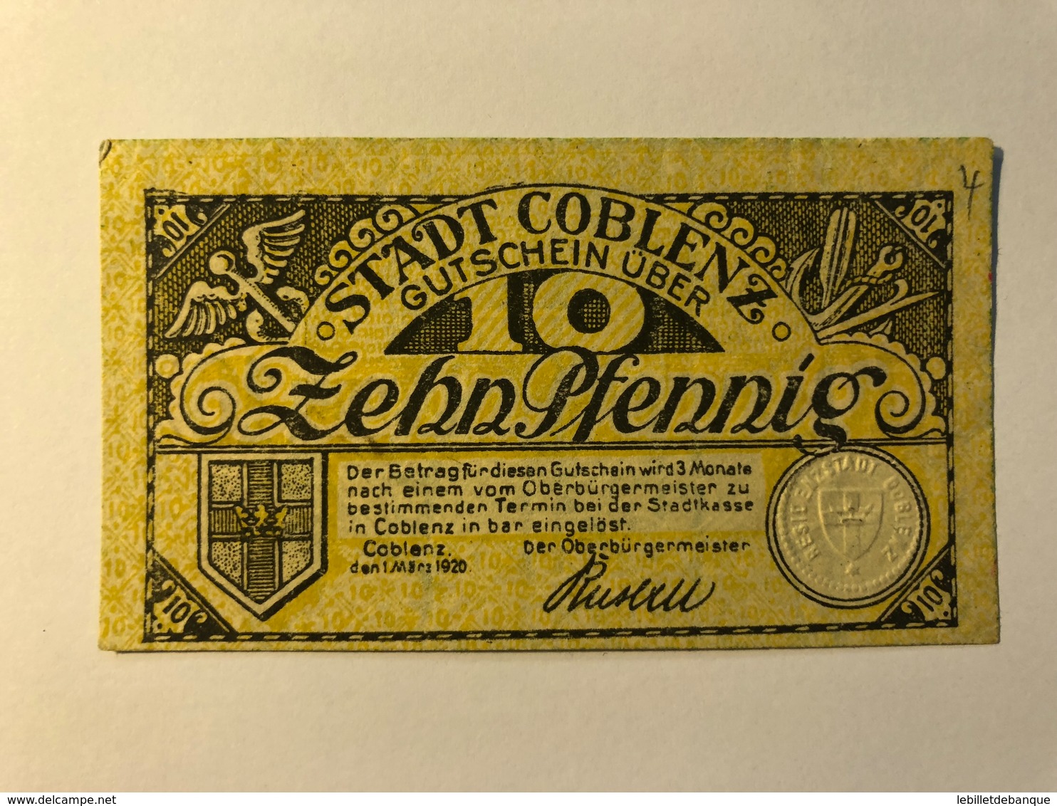 Allemagne Notgeld Coblenz 10 Pfennig - Collections