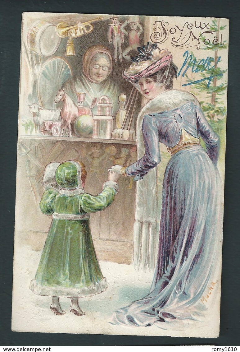 Marché De Noël. Jeune Femme Et Petite Fille. Gaufrée. Signée Mucha. Série 3736. 2 Scans. Rare! - Sonstige & Ohne Zuordnung