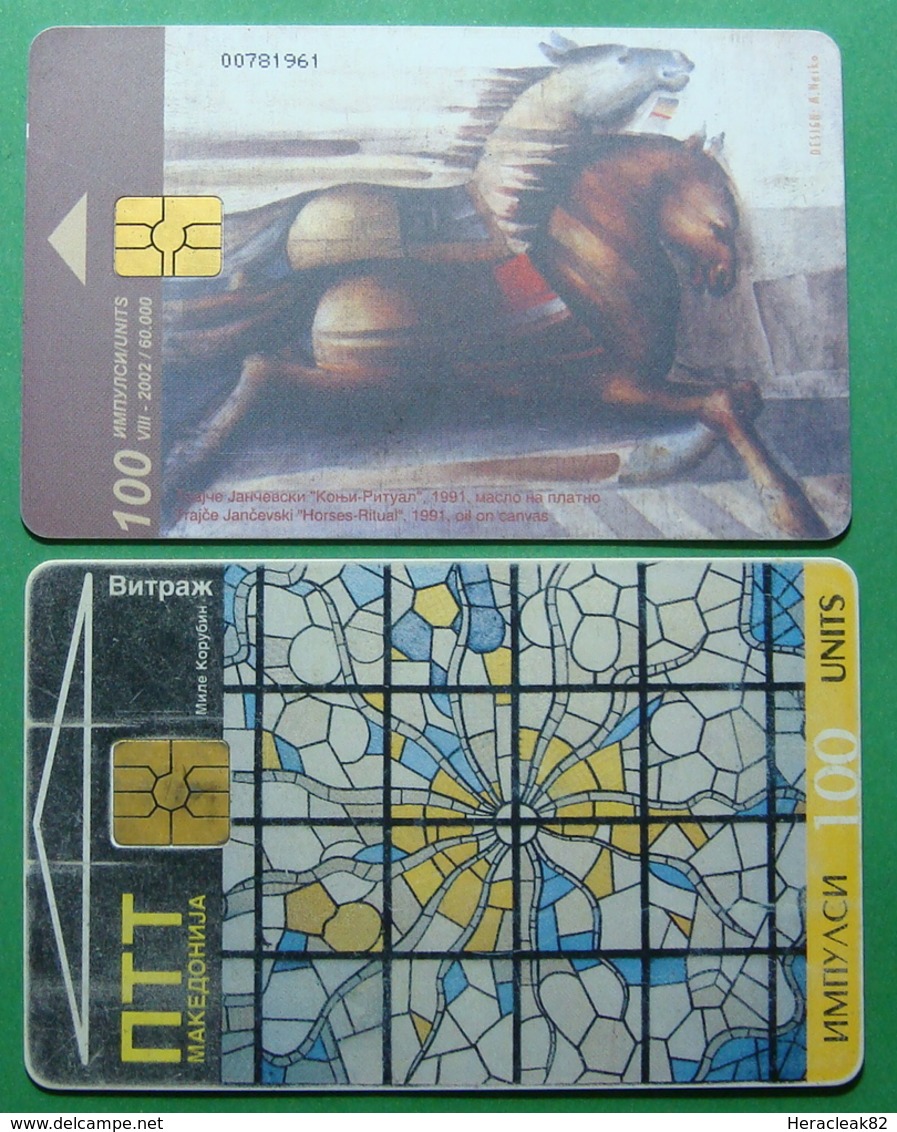 Macedonia Lot Of 2 CHIP PHONE CARDS USED, Operator: PTT & MT, 100 Units *VITRAGE, PAINTINGS*, ND, 2002 - Macedonia Del Nord