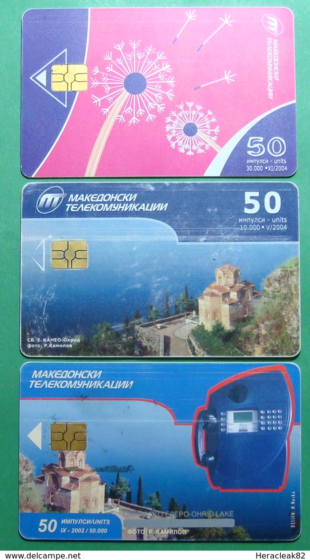 Macedonia Lot Of 3 CHIP PHONE CARD USED, Operator: MT, 50 Units *OHRID LAKE*, 2002, 2004 - Macédoine Du Nord