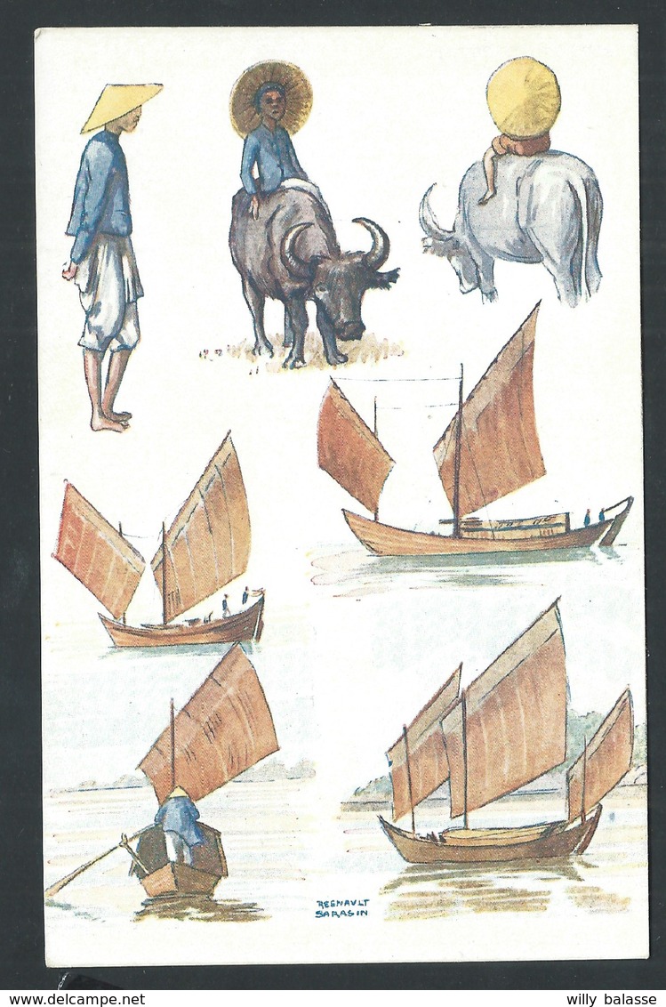 +++ CPA - Fantasy Card - Asie Asia - VIET NAM - VIETNAM - ANNAM - Bufles Et Barques De Pêche à TOURANE - Illustrateur // - Vietnam