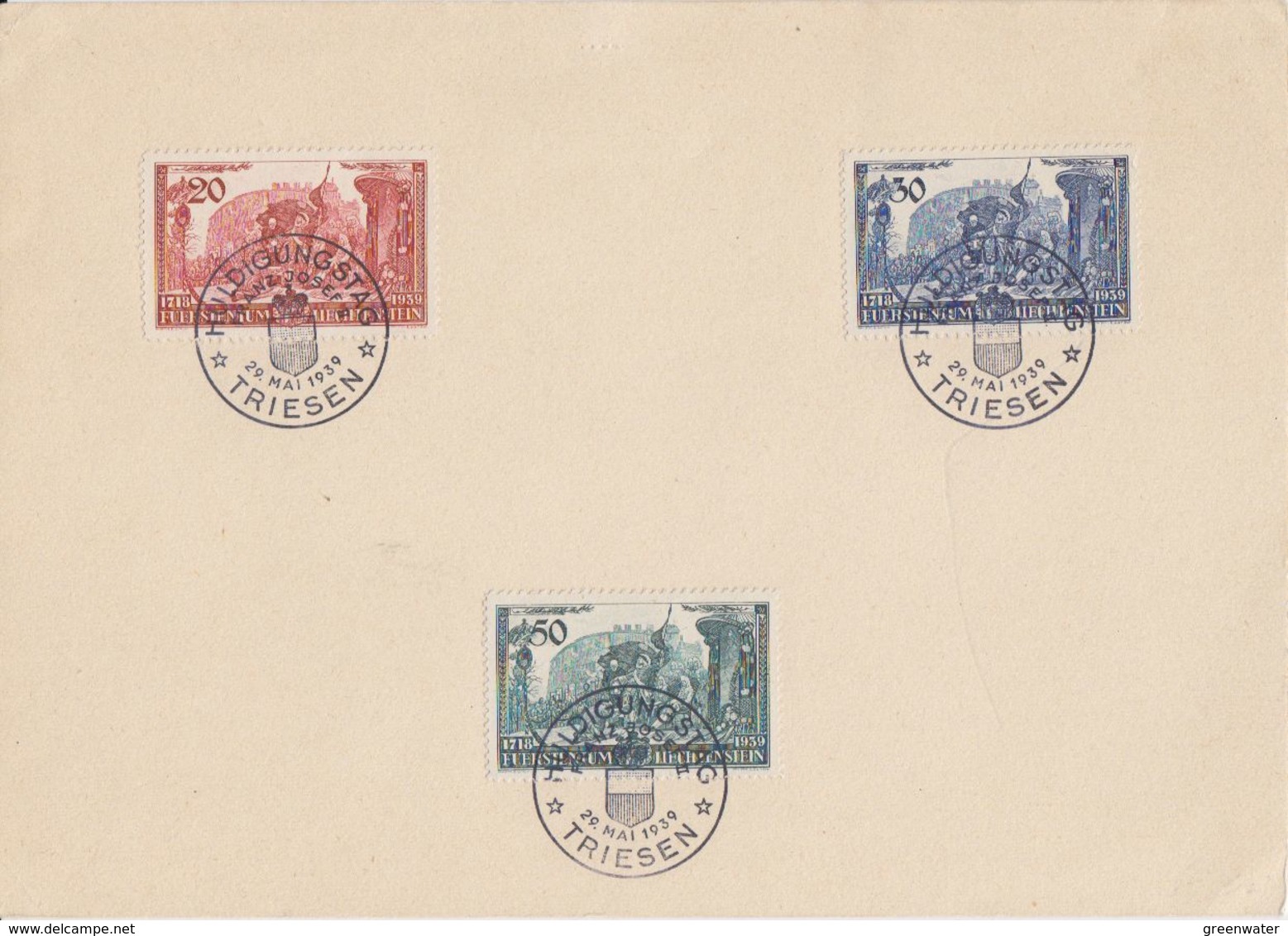 Liechtenstein 1939 Huldigung Fürst Franz Josef II 3v Used 1st Day "Triesen" - On Card (F7601) - Gebruikt