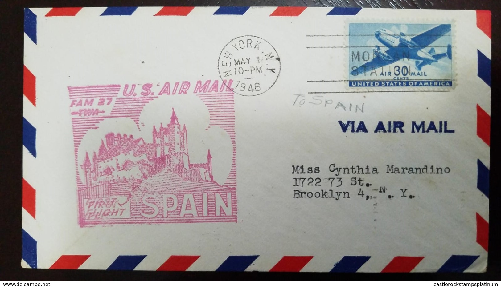 O) 1947 UNITED STATES-USA,  FAM 27 TWA -FIRST FLIGHT USA-SPAIN, AIRPLANE AIRMAIL 30c  -MORGAN STATION TO USA - Lettres & Documents