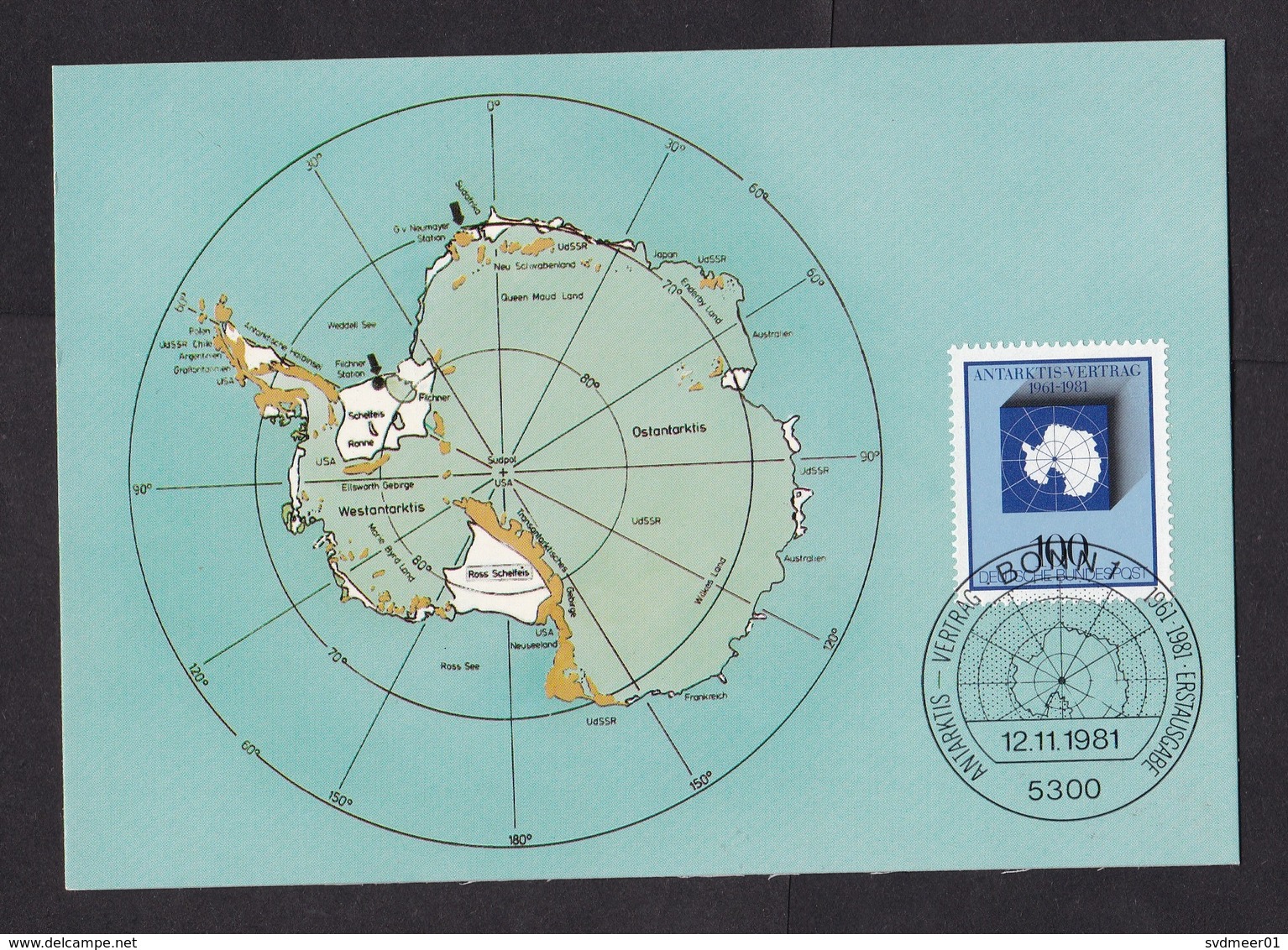 Germany: Maximum Card, 1981, 1 Stamp, Antarctic Treaty, Antarctica, Map, South Pole (traces Of Use) - Brieven En Documenten