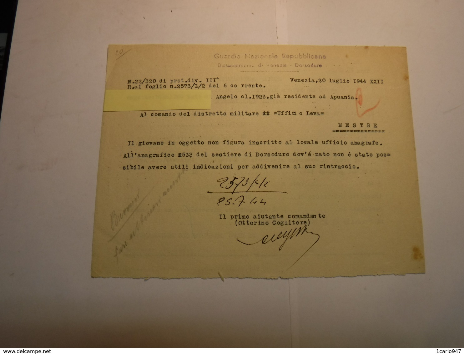 VENEZIA  ---  R.S.I.  ----   GUARDIA  NAZIONALE REPUBBLICANA - Documenti