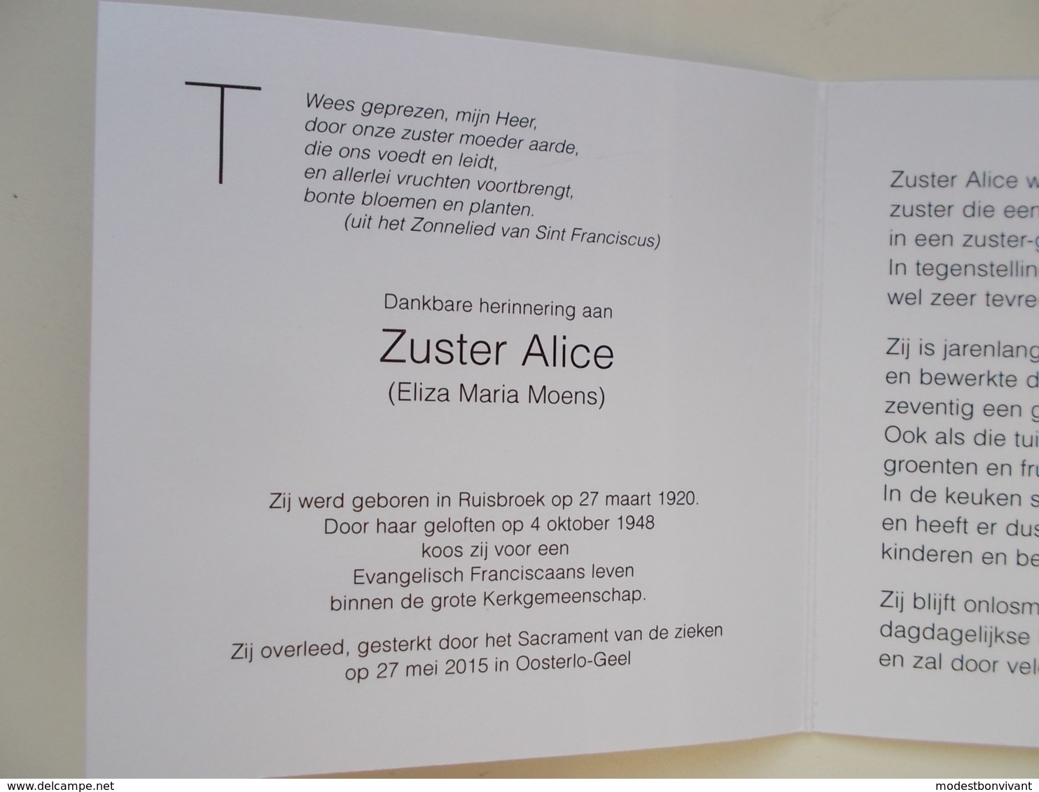 Bidprentje: Klooster-Zuster Eliza MOENS, Ruisbroek 27/3/1920 - Oosterlo-Geel 27/5/2015 - Décès