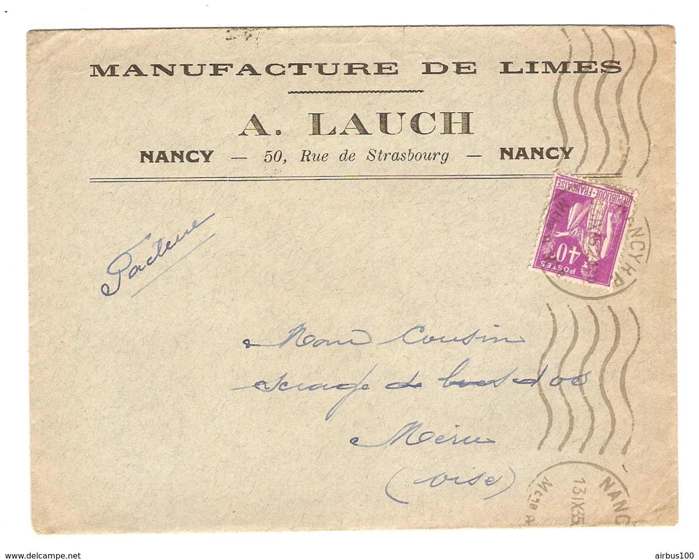 LETTRE 13 SEPTEMBRE 1935 - MANUFACTURE DE LIMES A. LAUCH NANCY → MÉRU OISE (60) - PAIX 281 - 1921-1960: Période Moderne