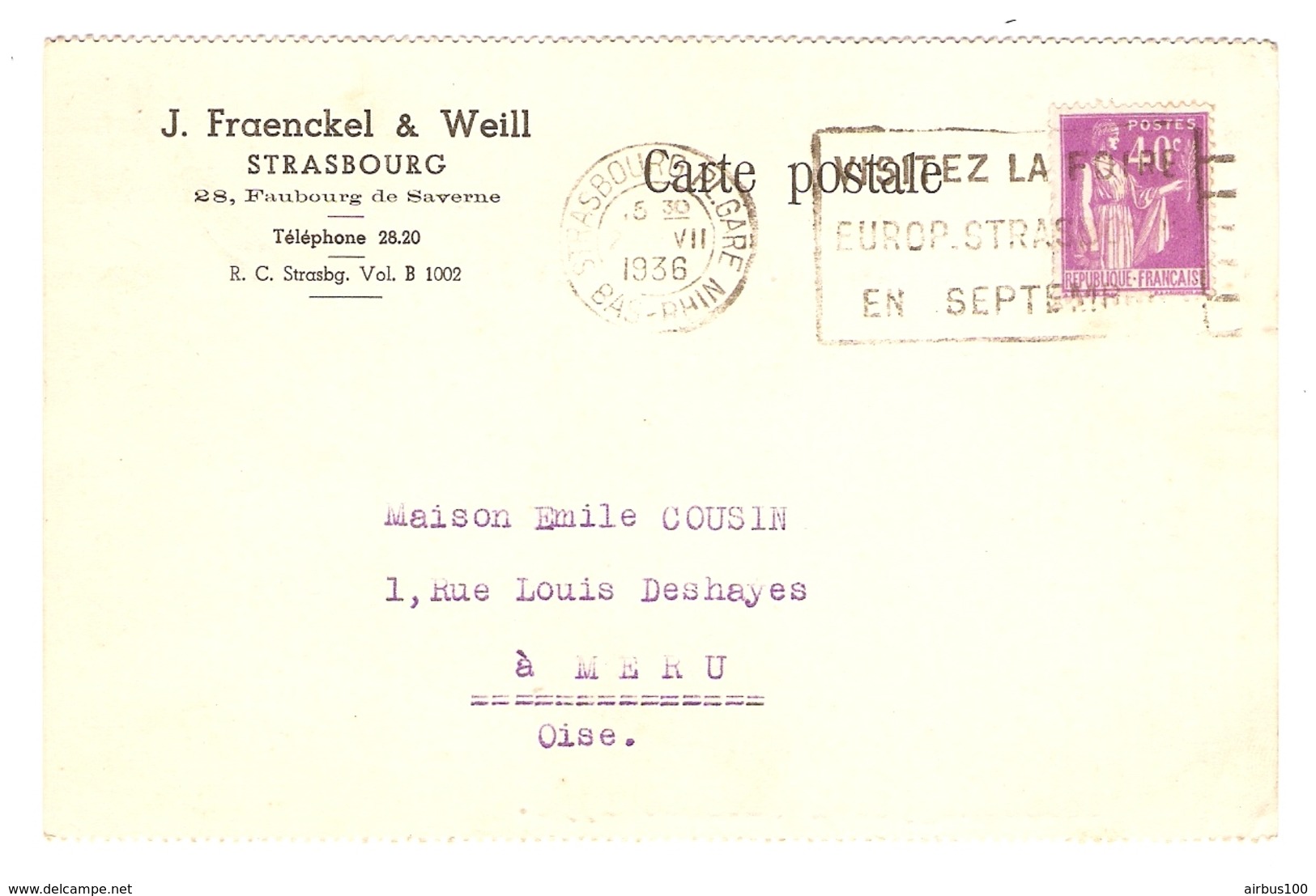 CARTE 2 JUILLET 1936 FRAENCKEL & WEILL STRASBOURG - MÉRU OISE (60) - PAIX 281 - 1921-1960: Modern Period