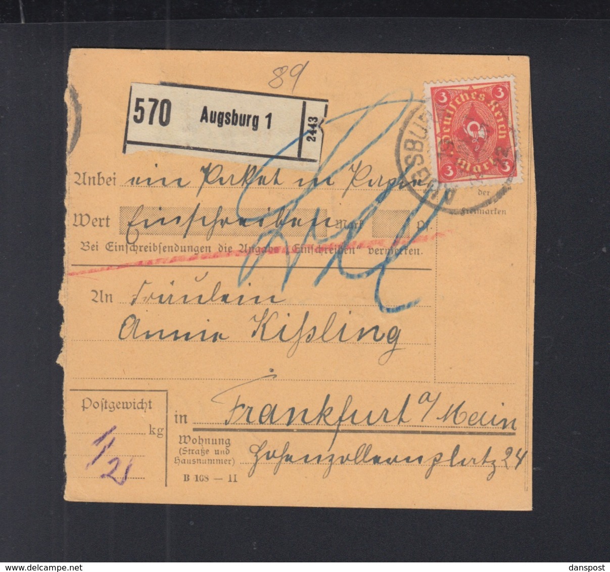 Dt. Reich Paketkarte 1922 Augsburg Nach Frankfurt - Briefe U. Dokumente