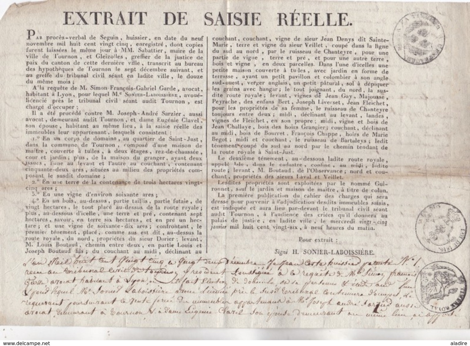 1825 - Règne De Charles X - Extrait De Saisi Réelle De Grande Ampleur à Tournon, Ardèche - Imprimé Et Manuscrit 2 Pages - Decrees & Laws