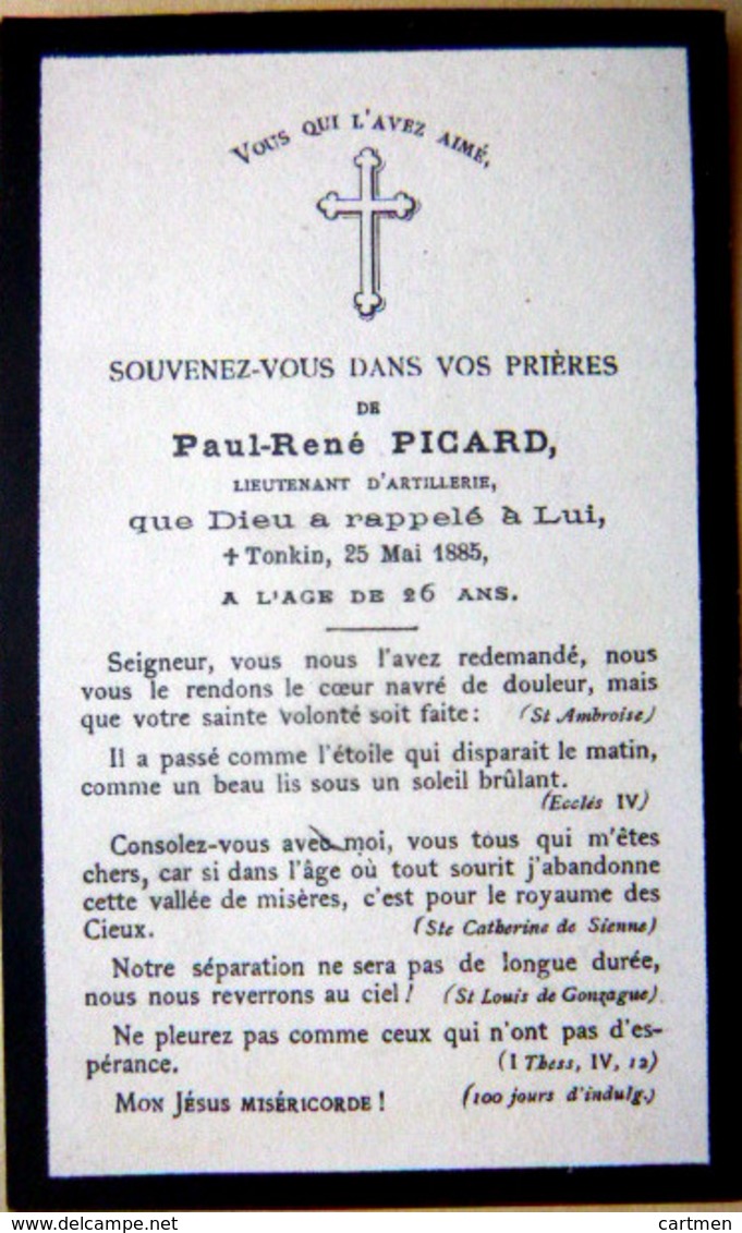 MEMORANDUM  SOUVENIR TONKIN PAUL RENE PICARD  MORT EN INDOCHINE FAIRE PART DECES - Décès