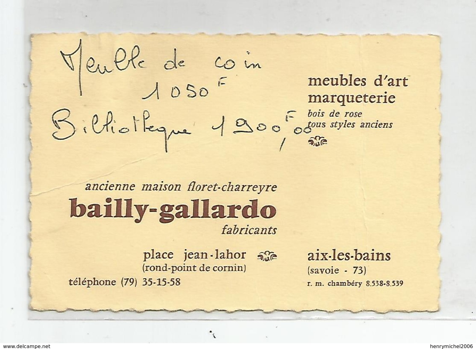 Carte De Visite Aix Les Bains 73 Marqueterie Meubles D'art Bailly Gallardo Place Jean Lahor - Cartes De Visite