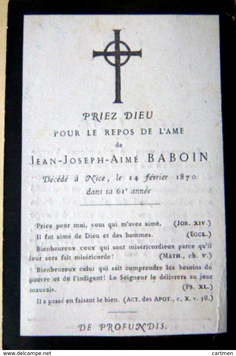 MEMORANDUM  SOUVENIR JEAN JOSEPH AIME BABOUIN  FAIRE PART DECES - Obituary Notices