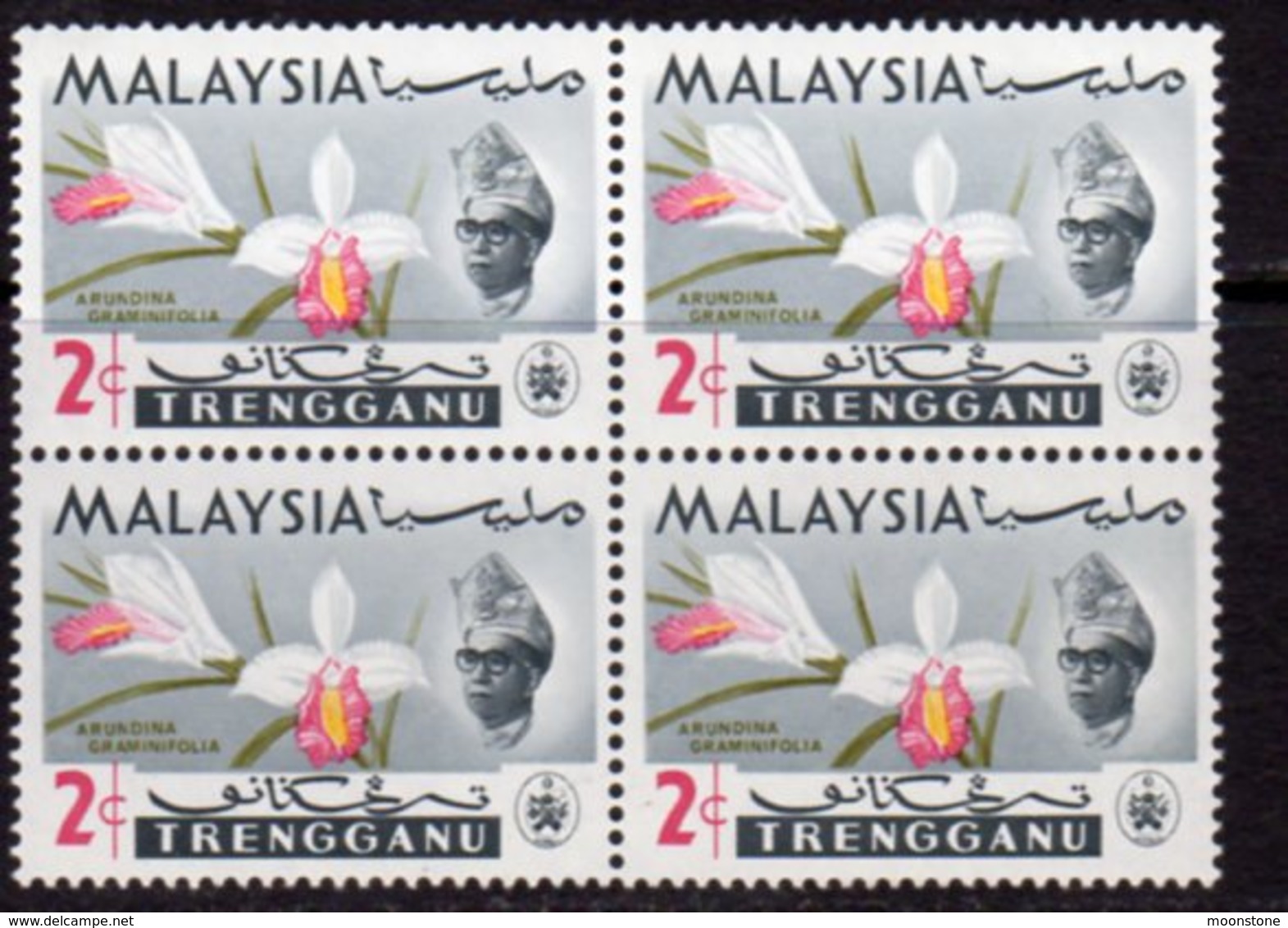 Malaysia Trengganu 1965 Orchids 2c Value Block Of 4, 'olive Printing Shifted To Right', (top Right), MNH, SG 101 - Malaysia (1964-...)