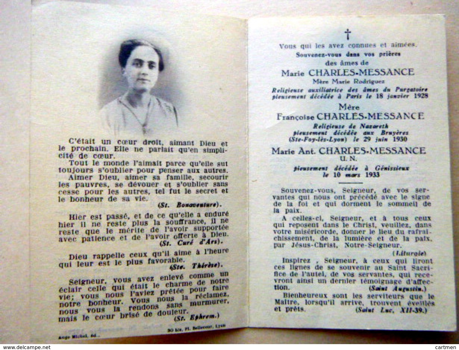 MEMORANDUM  SOUVENIR FAMILLE  CHARLES MESSANGE MERE MARIE RODRIGUEZ RELIGIEUSE   FAIRE PART DECES - Décès