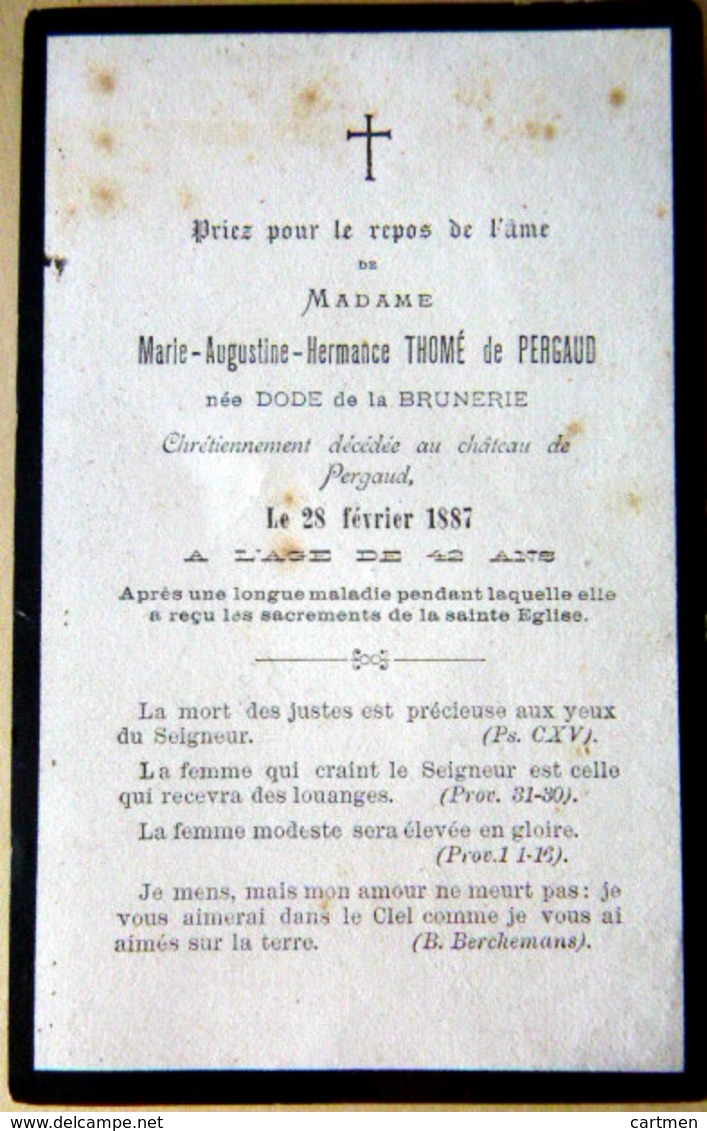 26 DROME MEMORANDUM  MARIE AUGUSTINE HERMANCE THOME DE PERGAUD  DODE DE LA BRUNERIE CHATEAU  PERGAUD    FAIRE PART DECES - Obituary Notices