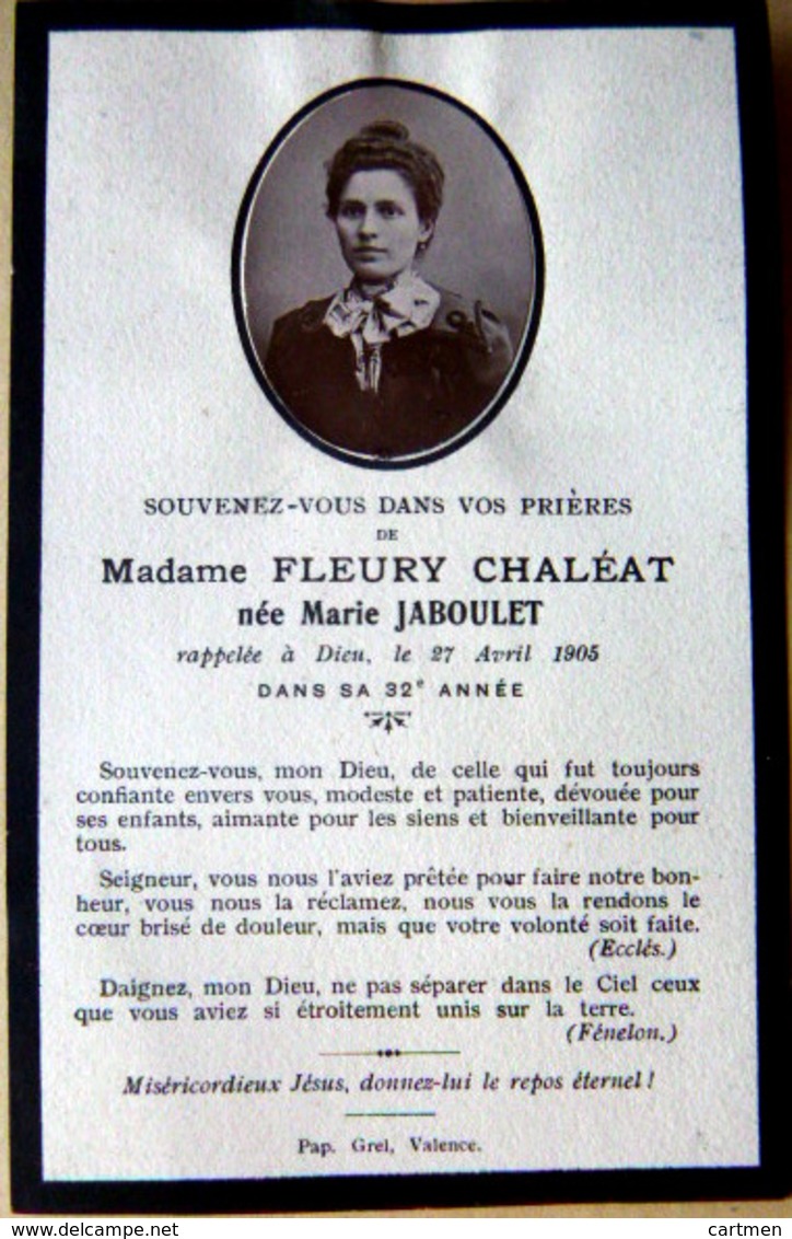 MEMORANDUM  SOUVENIR MADAME FLEURY CHALEAT NEE MARIE JABOULET   FAIRE PART DECES - Décès