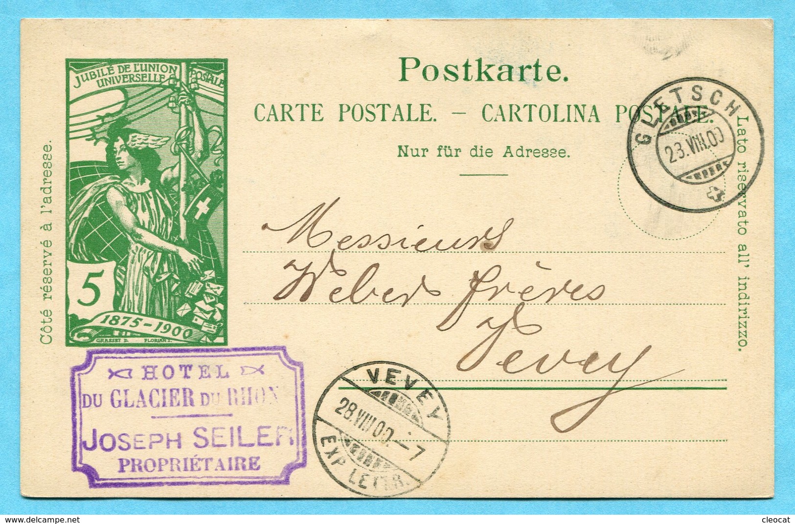 Postkarte Von Gletsch Nach Vevey 1900 - Absender: Hotel Du Glacier Du Rhon - Entiers Postaux