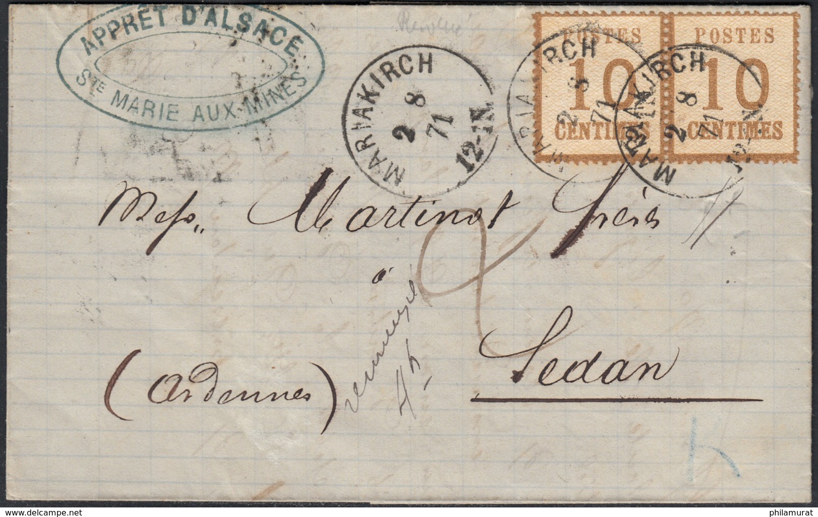 Alsace-Lorraine - N°5 Paire Oblitérés Càd Allemand MARIAKIRCH 1871 Pour Sedan - Autres & Non Classés