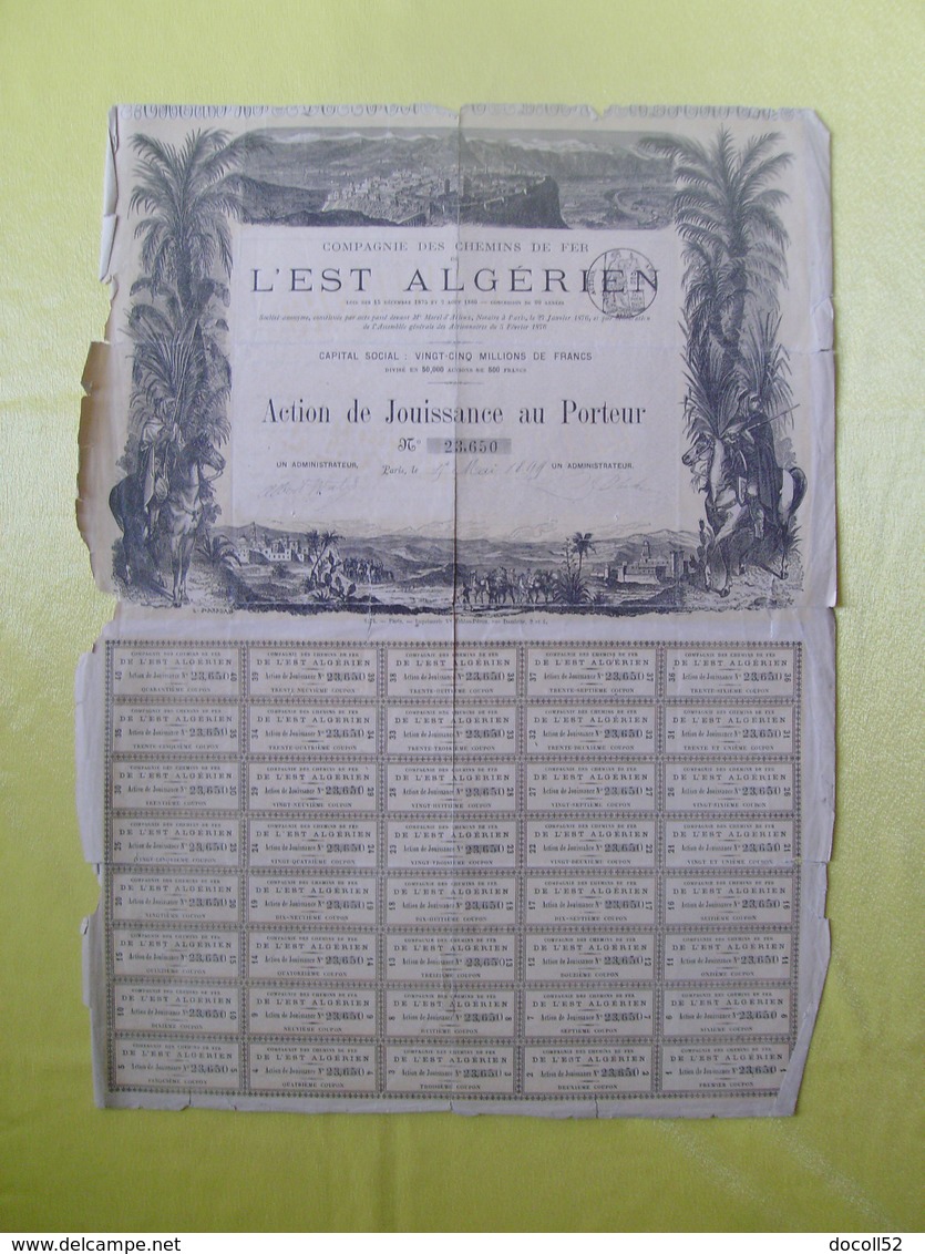 Action De Jouissance Au Porteur Compagnie Des Chemins De Fer De L'est Algérien 1899 - Ferrocarril & Tranvías
