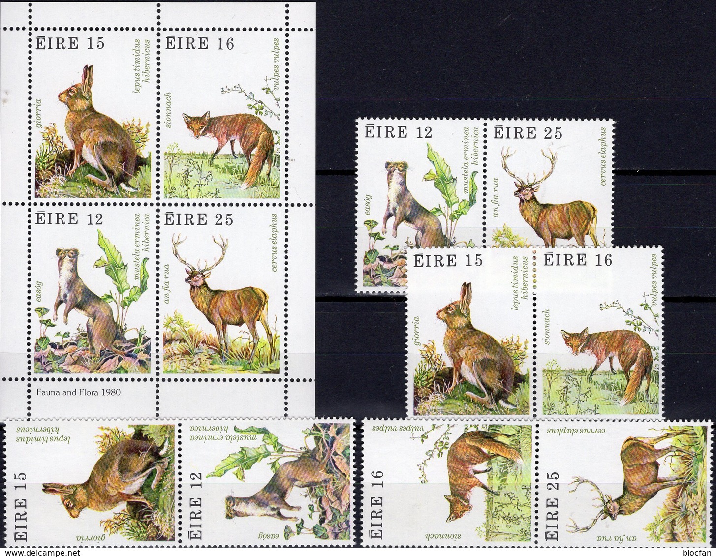 Jagdbare Wildtiere 1980 Irland 421/4 4ZD+Block 3 ** 12€ Hermelin Hase Fuchs Hirsch M/s Bloc Fauna Se-tenants Bf WWF - Collections, Lots & Séries