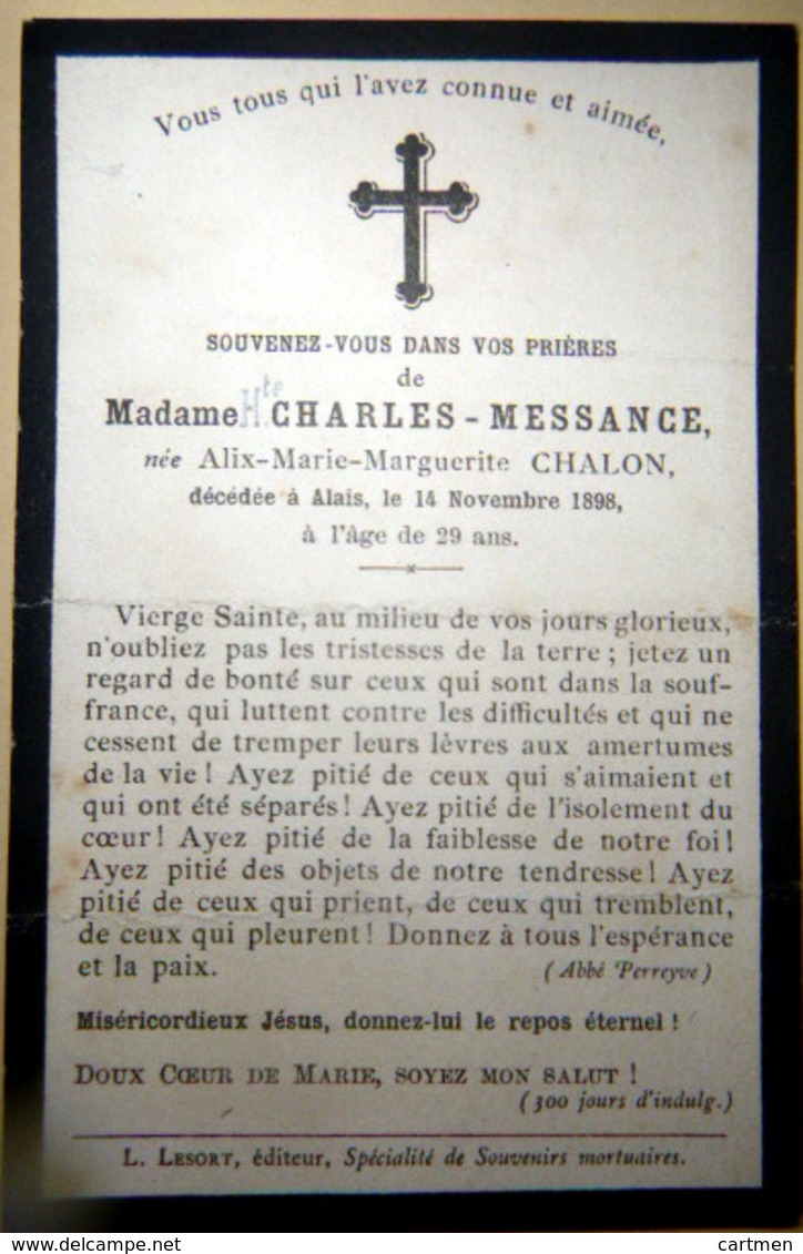 30 ALAIS MEMORANDUM  SOUVENIR  MADAME CHARLES MESSANGE NEE ALIX MARIE MARGUERITE CHALON ALAIS FAIRE PART DECES - Décès