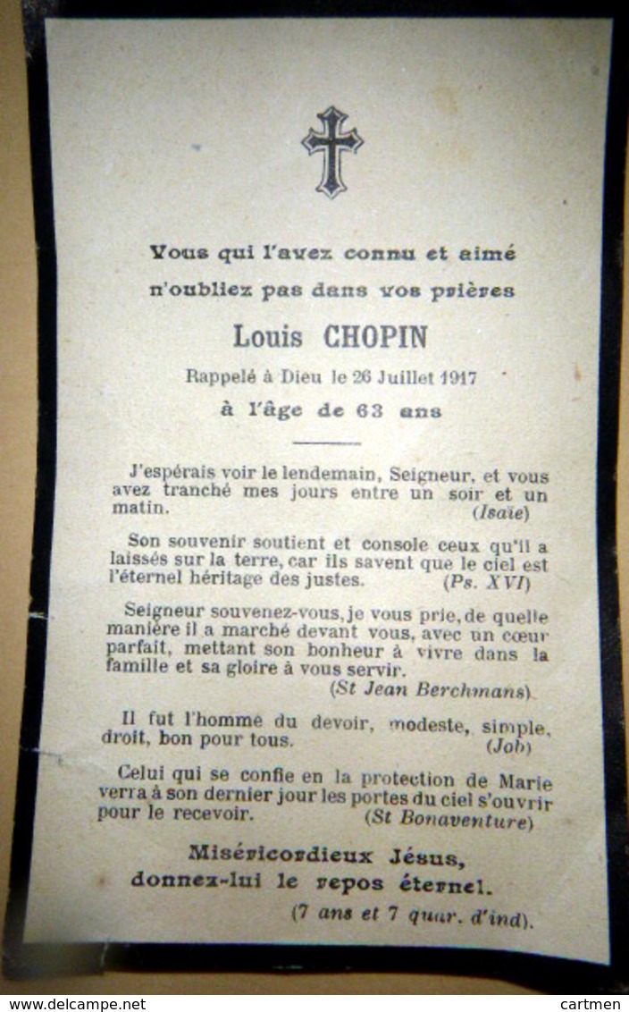 MEMORANDUM  SOUVENIR  LOUIS CHOPIN  FAIRE PART DECES - Décès