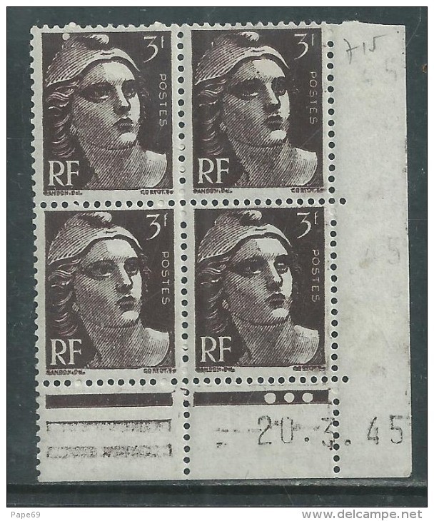 France N° 715 XX Marianne Gandon  3 F. Brun Foncé En Bloc De 4 Coin Daté Du 20 . 3 . 45 , 3  Points Blancs Sans Ch., TB - 1940-1949