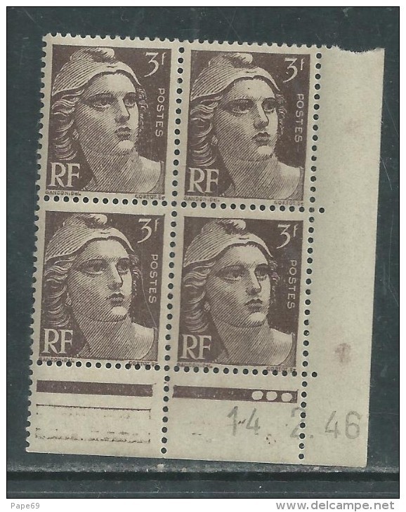 France N° 715 XX Marianne Gandon  3 F. Brun Foncé En Bloc De 4 Coin Daté Du  14 . 2 . 46 , 3 Points Blancs Sans Ch., TB - 1940-1949