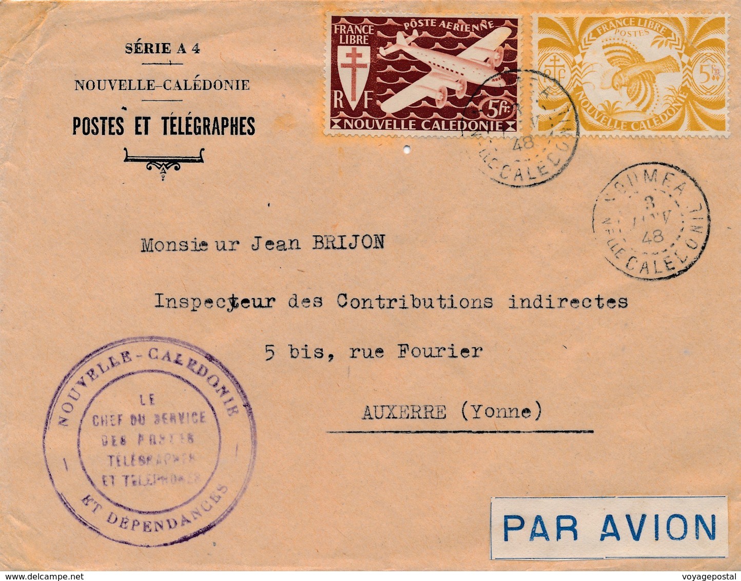 Lettre Par Avion France Libre Noumea Le Chef Du Service Des Postes Et Télégraphes - Storia Postale
